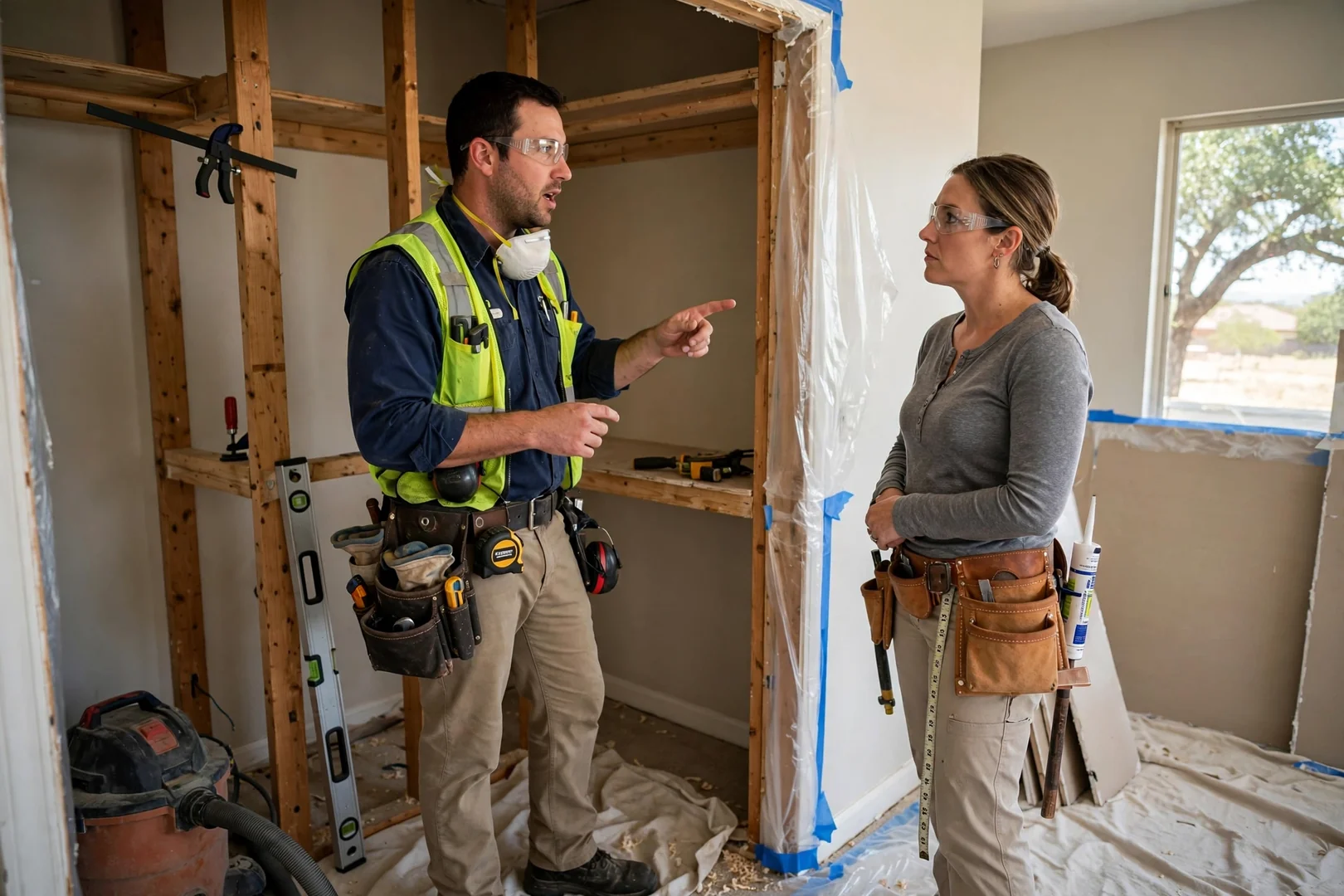 Installer anchoring adjustable shelving and hanging rods inside a walk-in closet