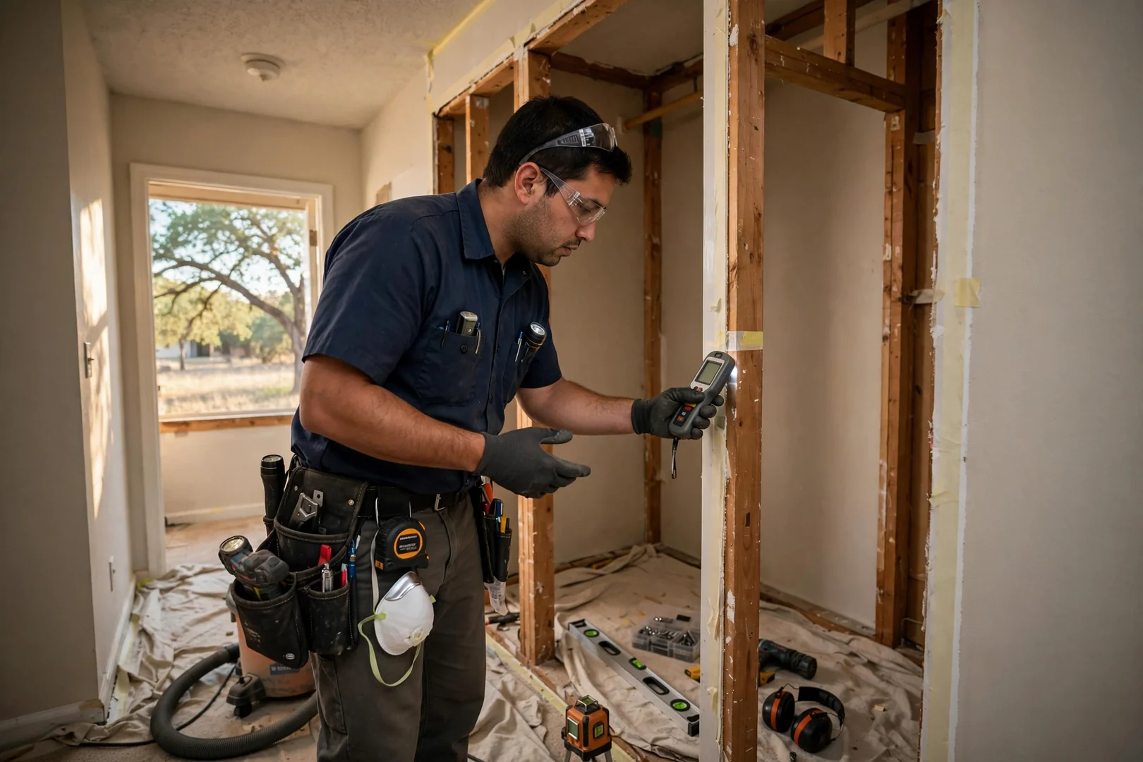 Technician using a stud finder before mounting closet organizer rails in a Seguin bedroom closet