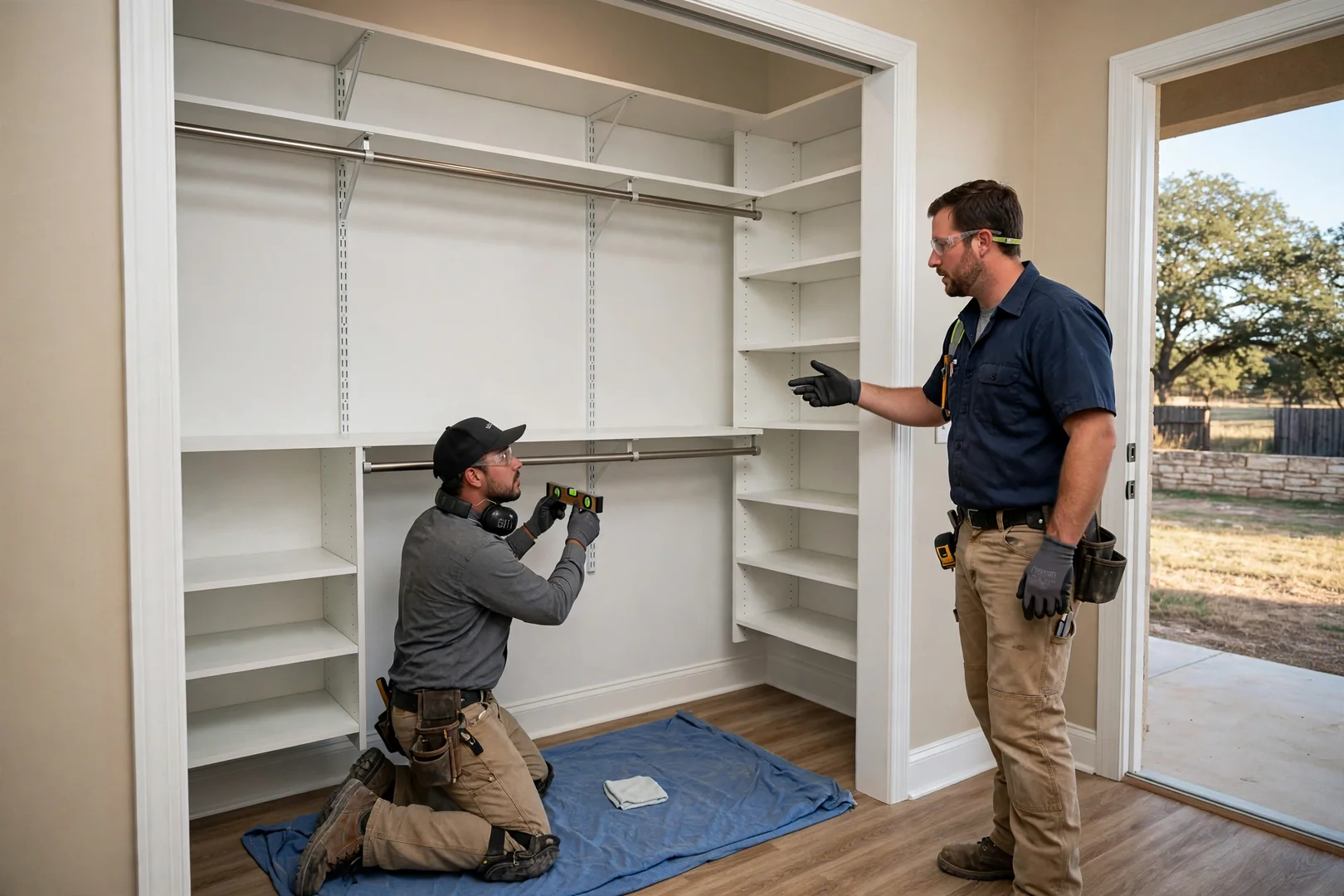 Finished reach-in closet organizer with double-hang rods and adjustable shelves in Seguin