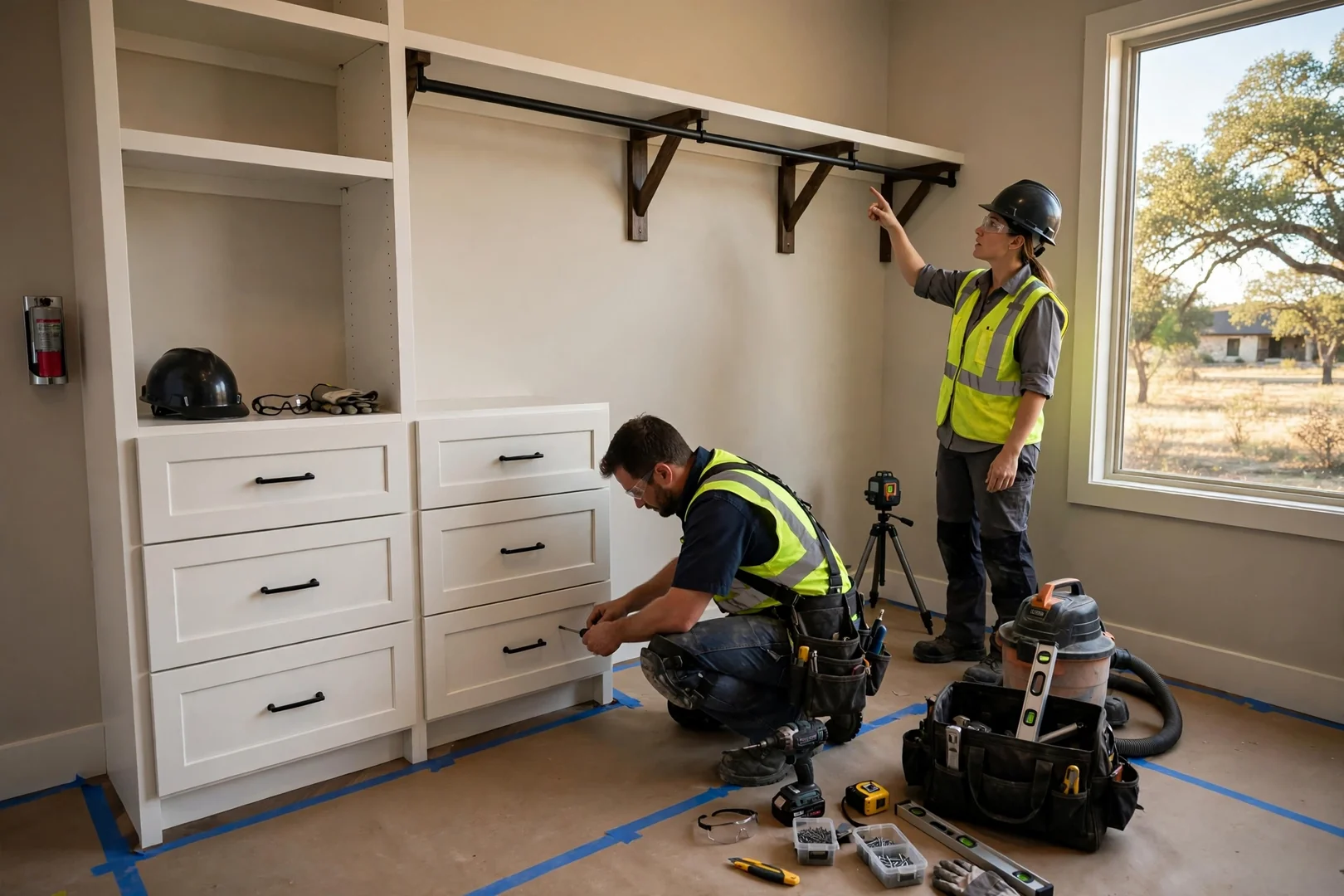 Walk-in closet with drawer units and long-hang section after installation
