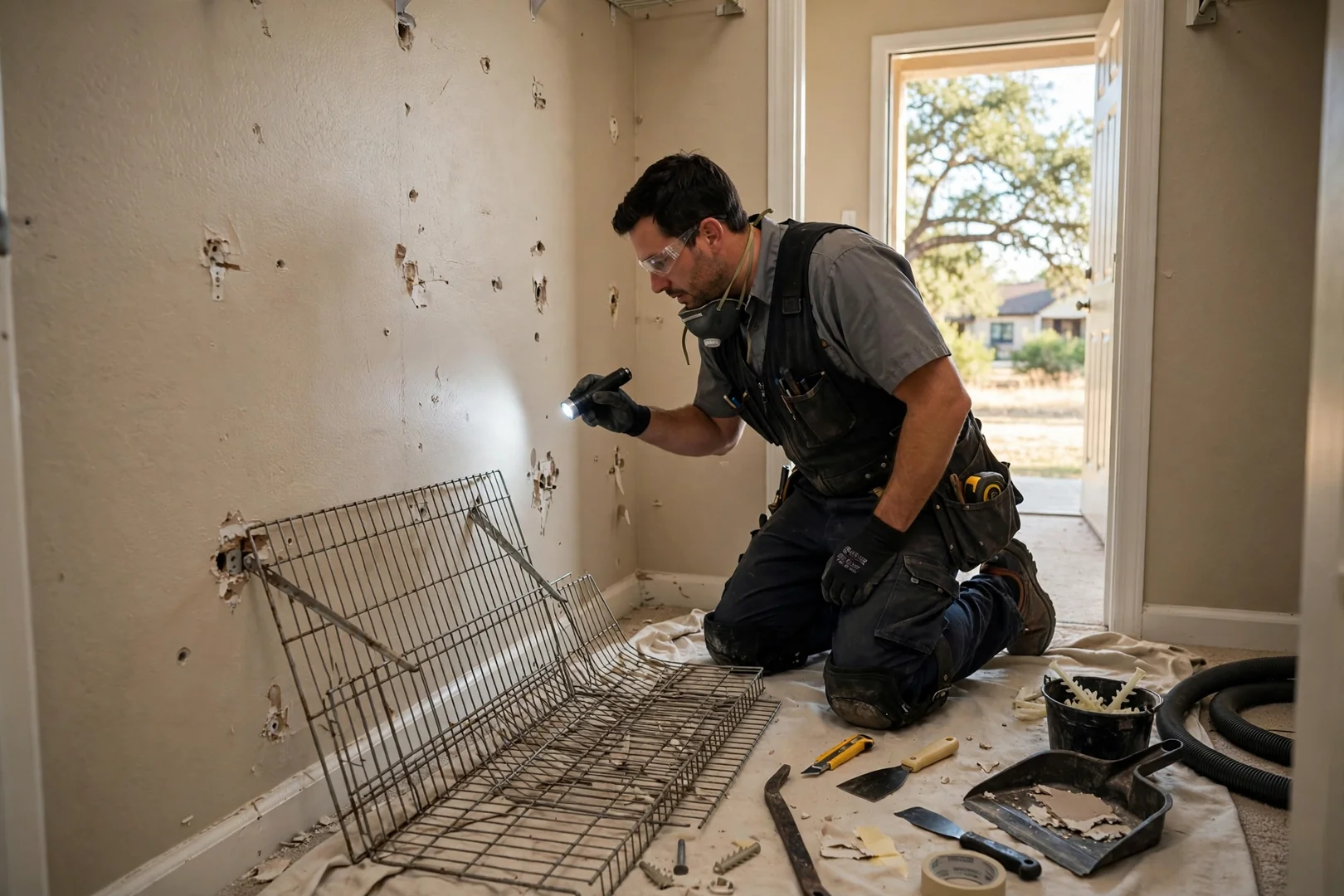 Old wire shelving removed from drywall before new organizer install
