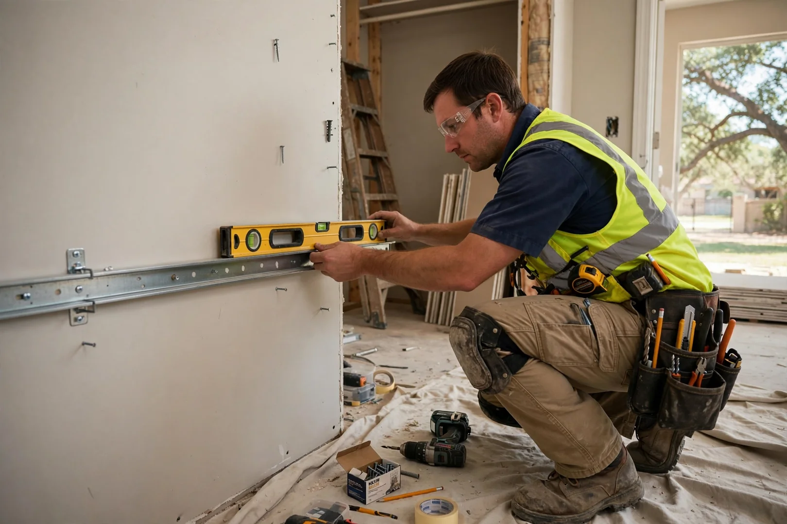 Installer leveling a wall-mounted closet rail with a spirit level