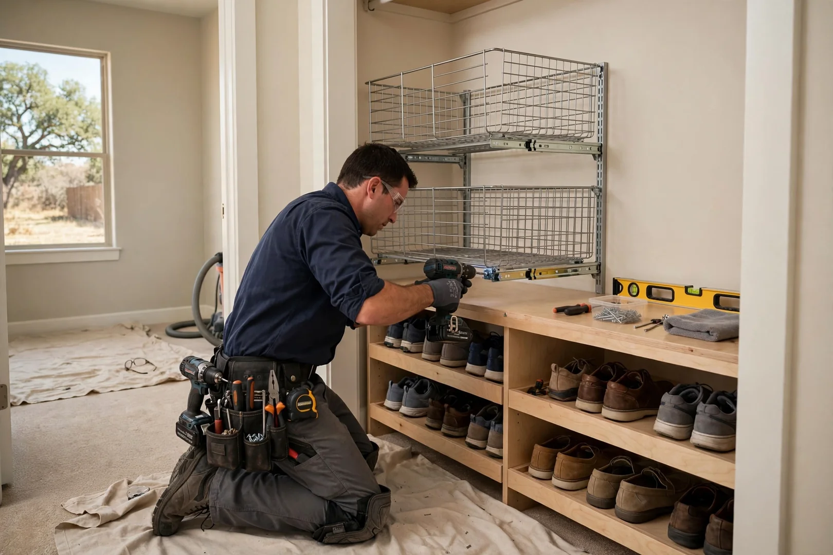 Shoe shelving and pull-out baskets installed in a bedroom closet