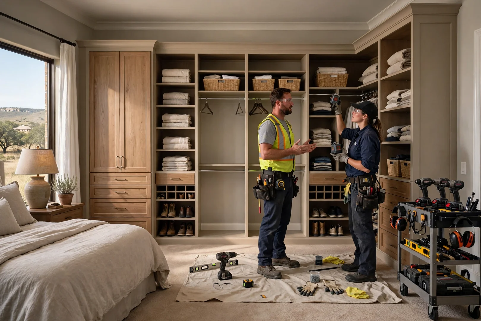 Wide view of a completed closet system in a Seguin master suite