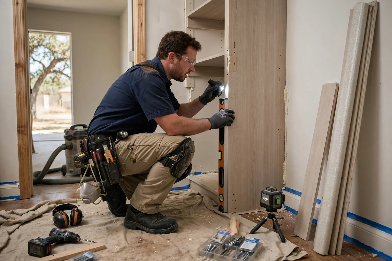 Technician installing a closet organizer with adjustable shelves in a Seguin home