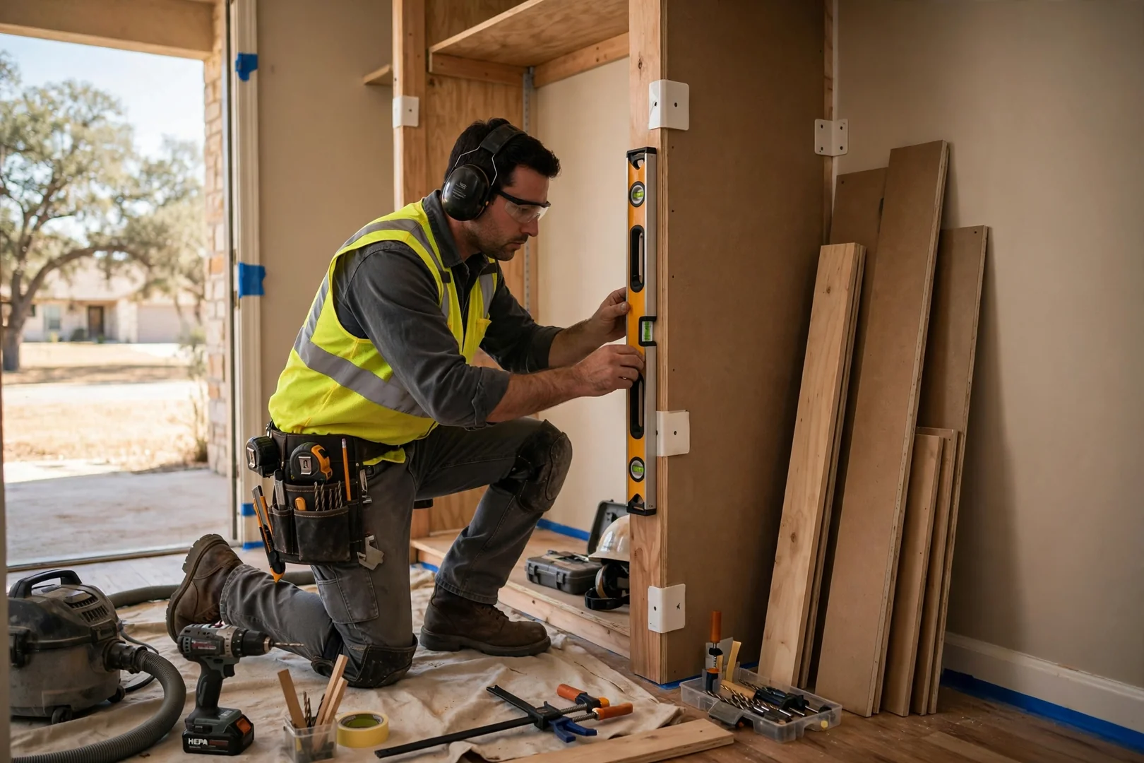 Technician securing adjustable shelving brackets to wall studs in a Seguin reach-in closet