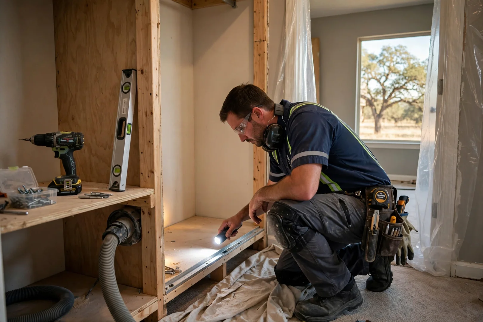 Installer leveling a white melamine closet system in a Seguin walk-in closet
