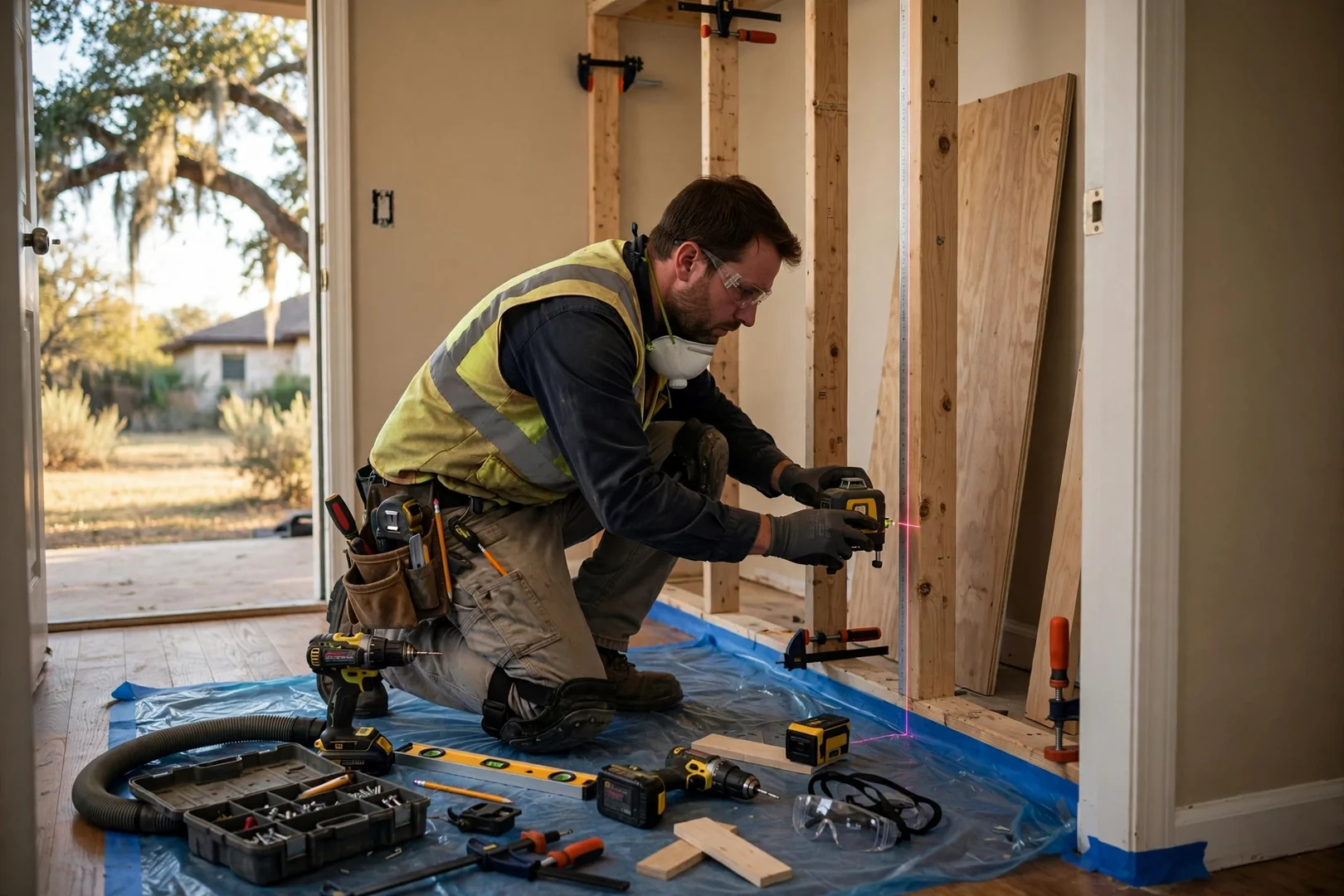 Technician leveling a closet system wall rail during installation in a Seguin home