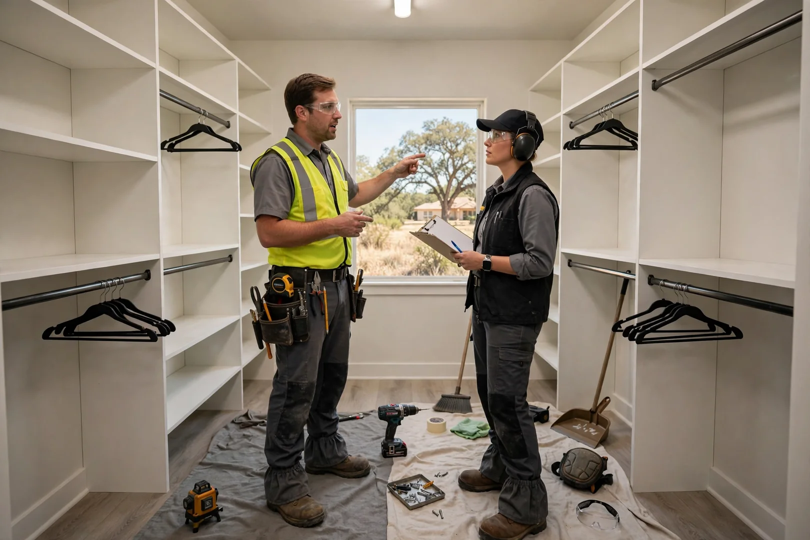 Finished walk-in closet system with white melamine shelving towers and double-hang rods