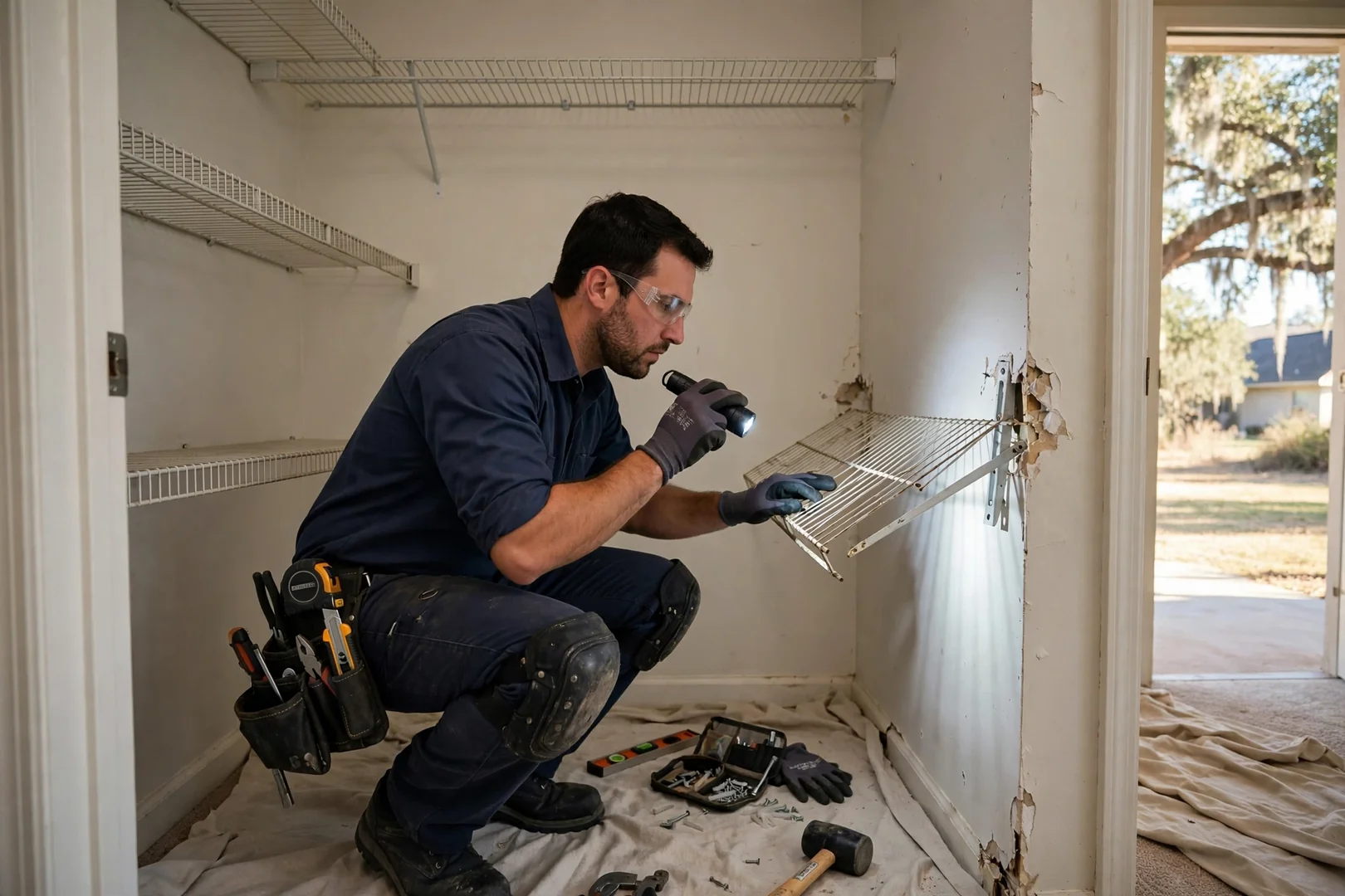 Reach-in closet in a Seguin home before removal of sagging wire shelving
