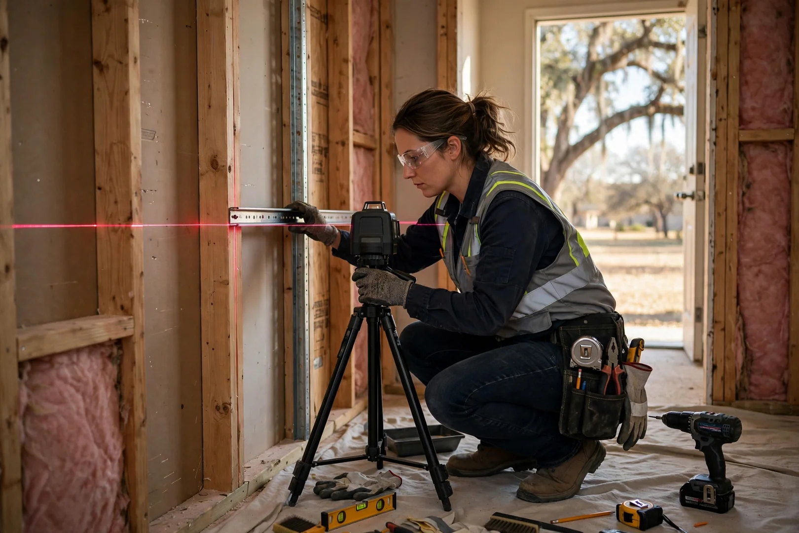 Technician using a laser level to align closet wall rails before mounting