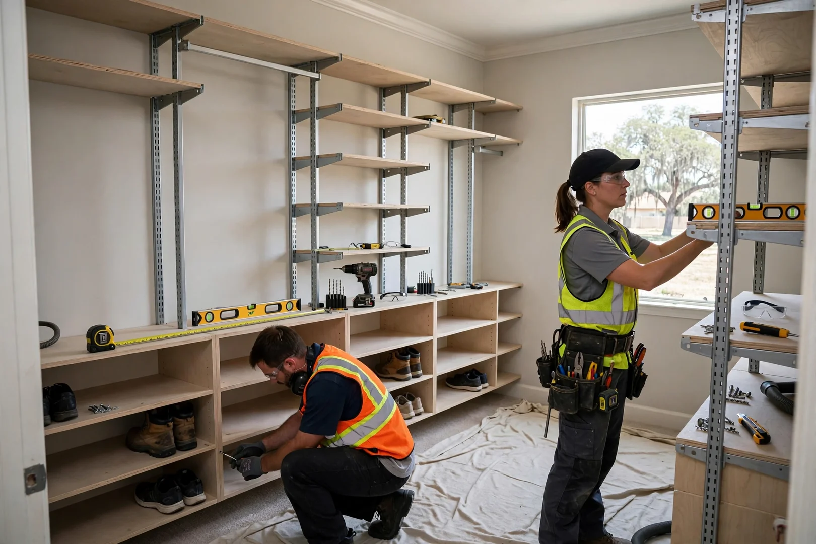 Wide view of a master closet with adjustable shelves and shoe storage cubbies