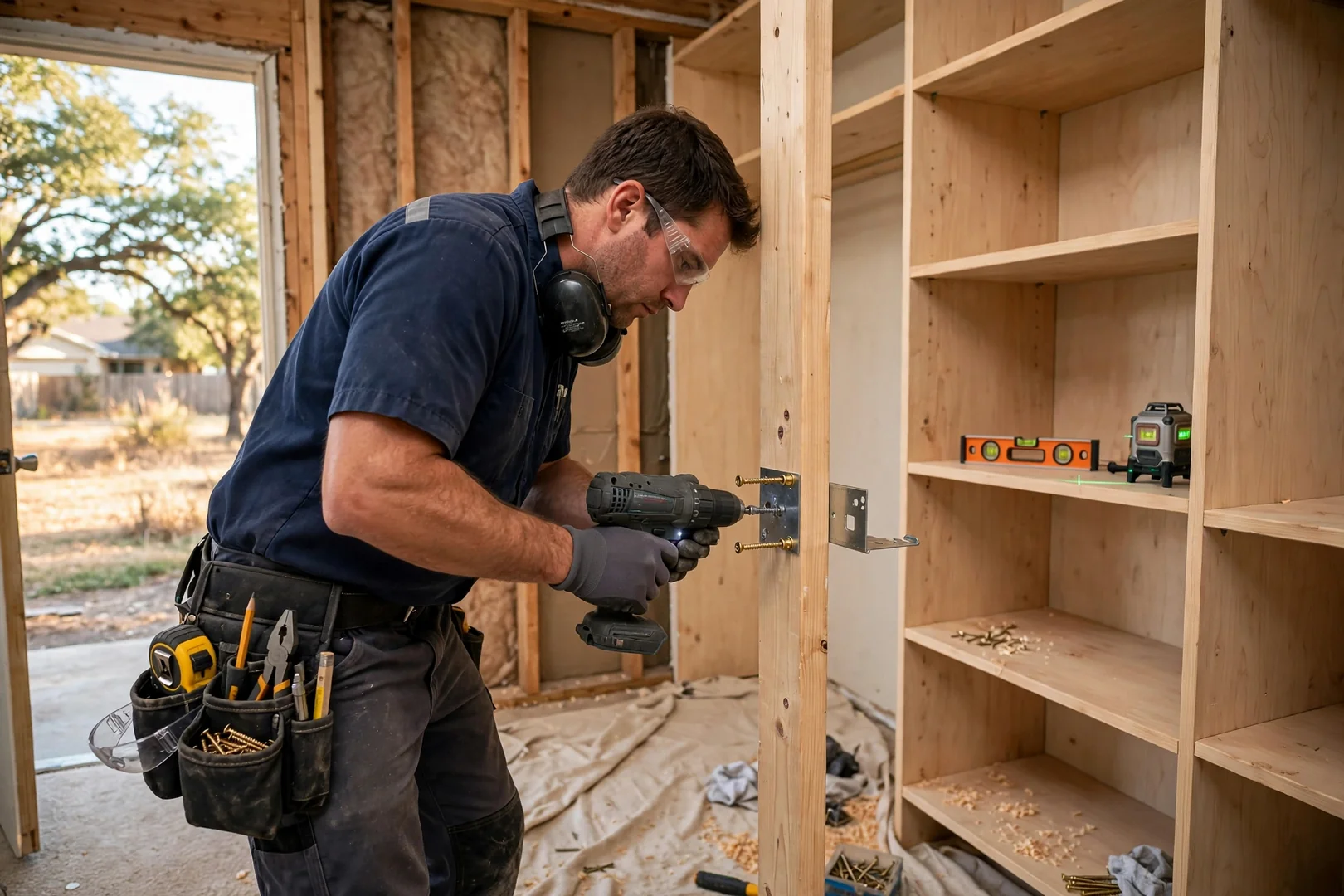 Stud-mounted cleat and rated screws securing a closet shelving tower to framing