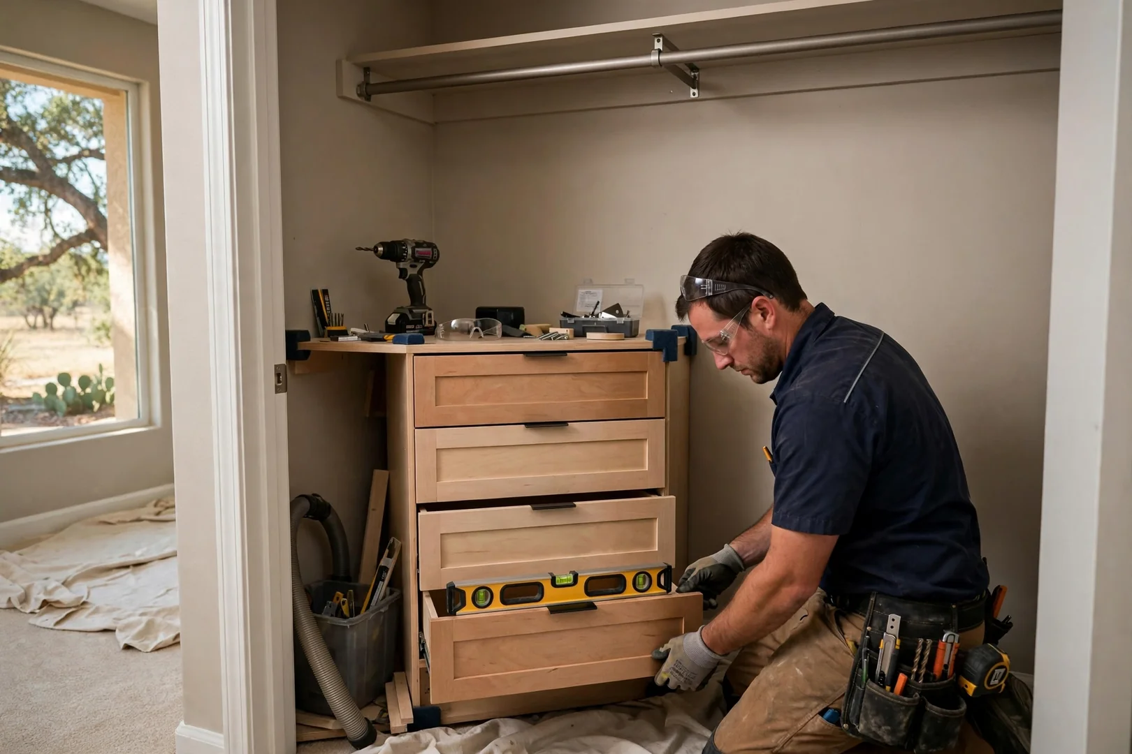 Compact bedroom closet organizer with stacked drawers and a single hanging rod