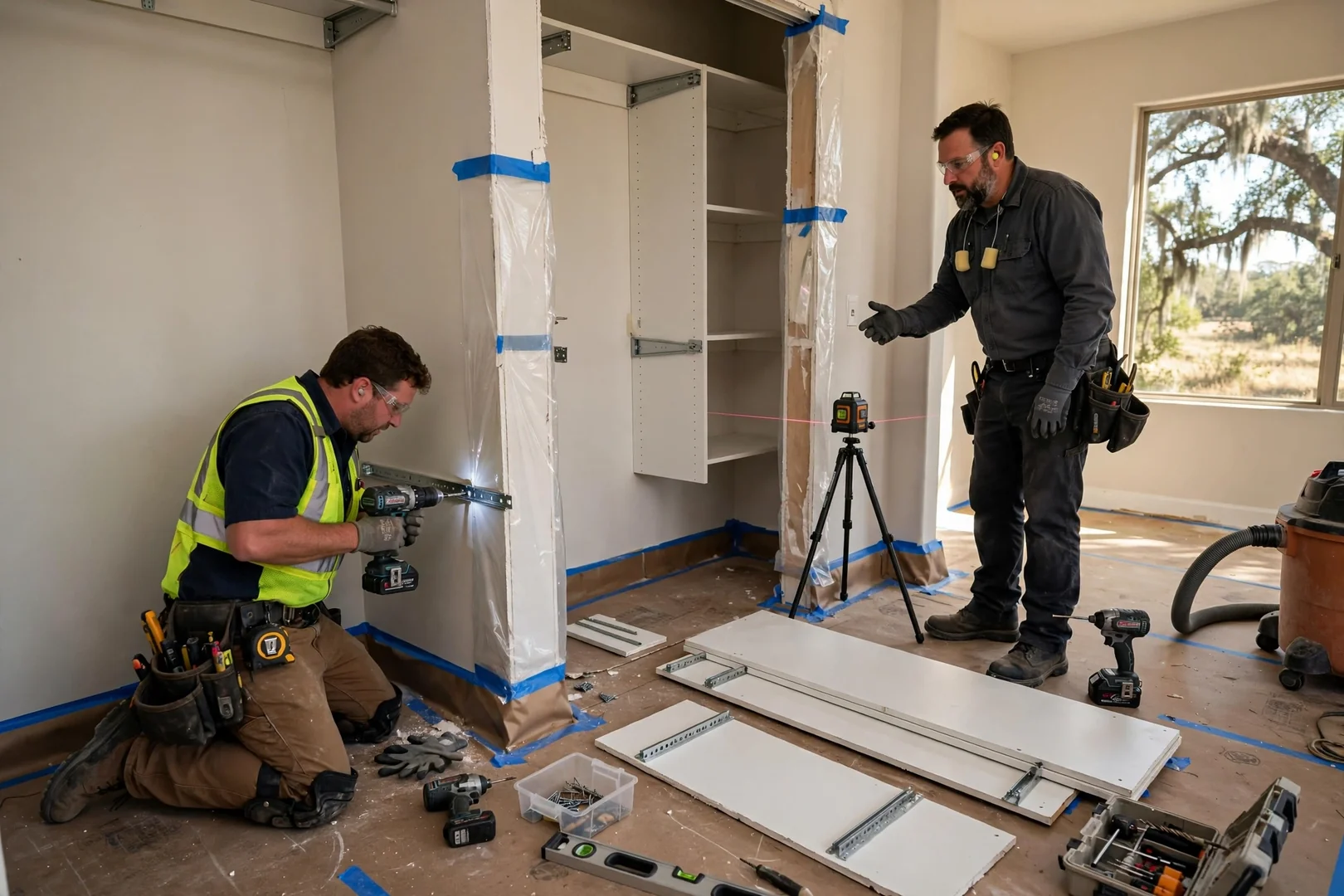 Protected flooring and drywall during a closet systems installation in Seguin