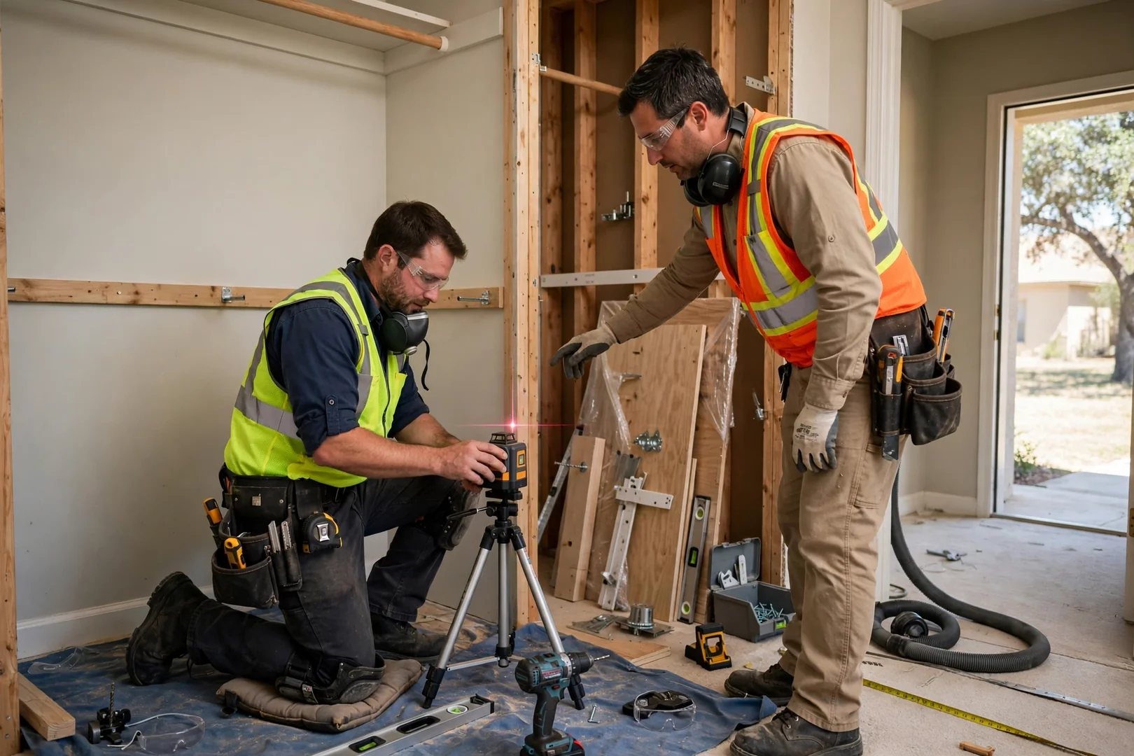 Installer leveling wall rails for a closet system in a Seguin home bedroom closet