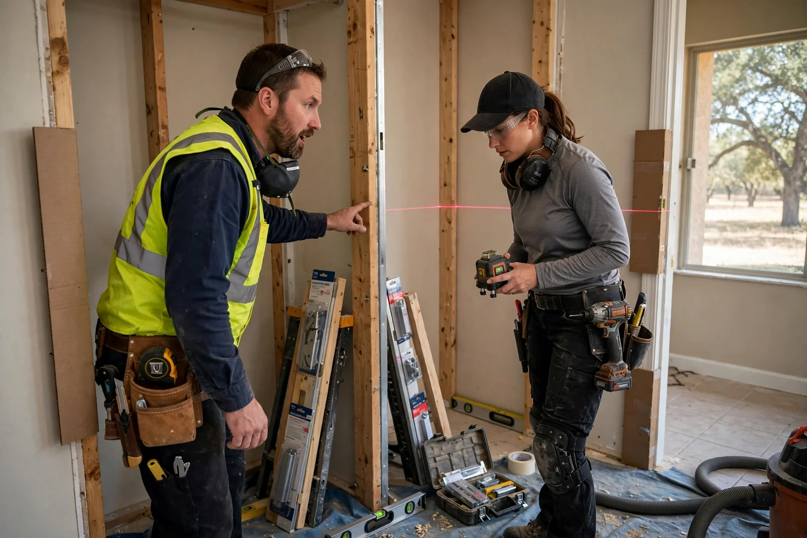 Technician measuring a bedroom closet wall before installing a custom closet system in Seguin