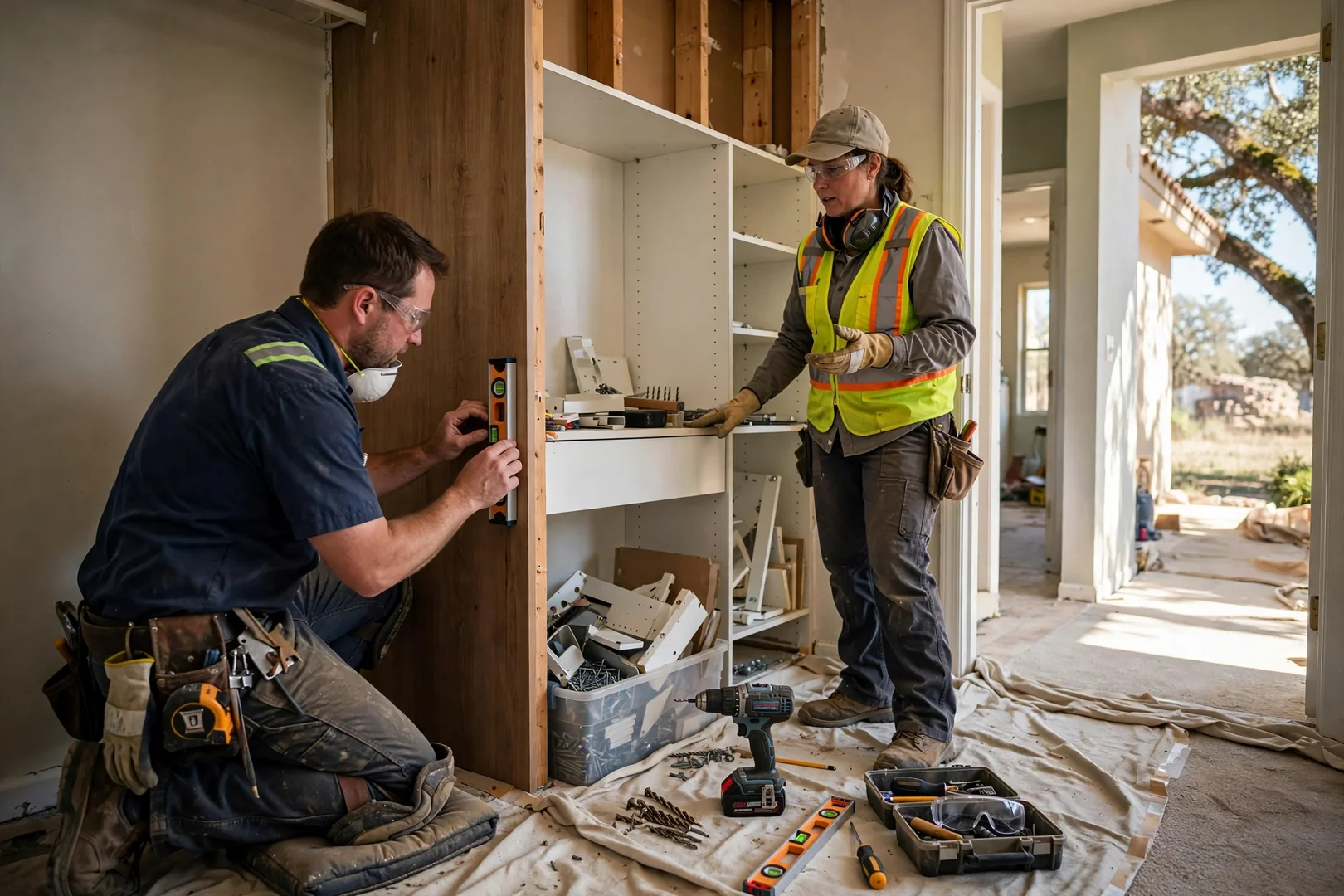 Technician anchoring a closet rail into wall studs in a Seguin home