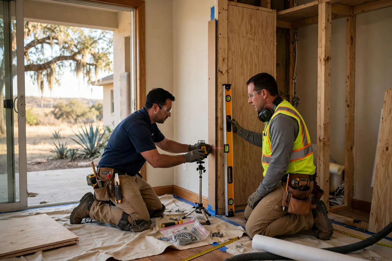 Installer leveling a wall-mounted closet rail before attaching shelving in a Seguin home