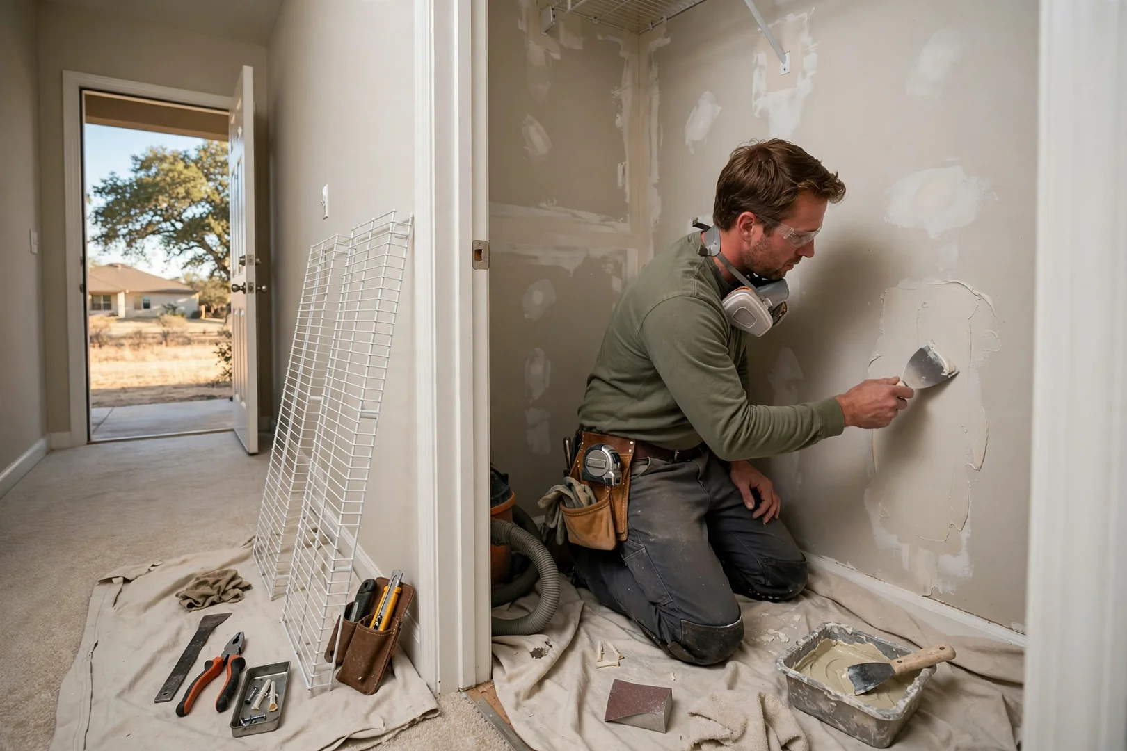 Reach-in closet after old wire shelving removal showing patched drywall