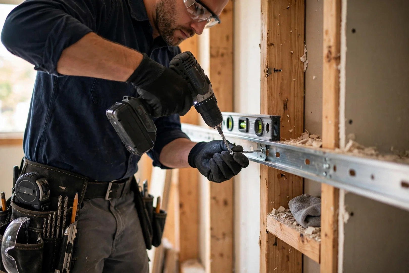 Close-up of closet mounting rail fastened securely into wall studs