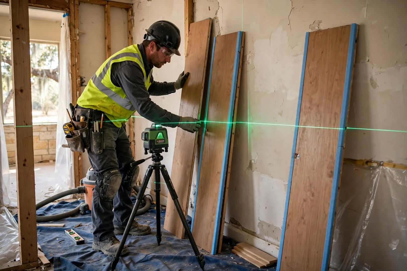 Installer using a laser level to align closet panels on an uneven wall