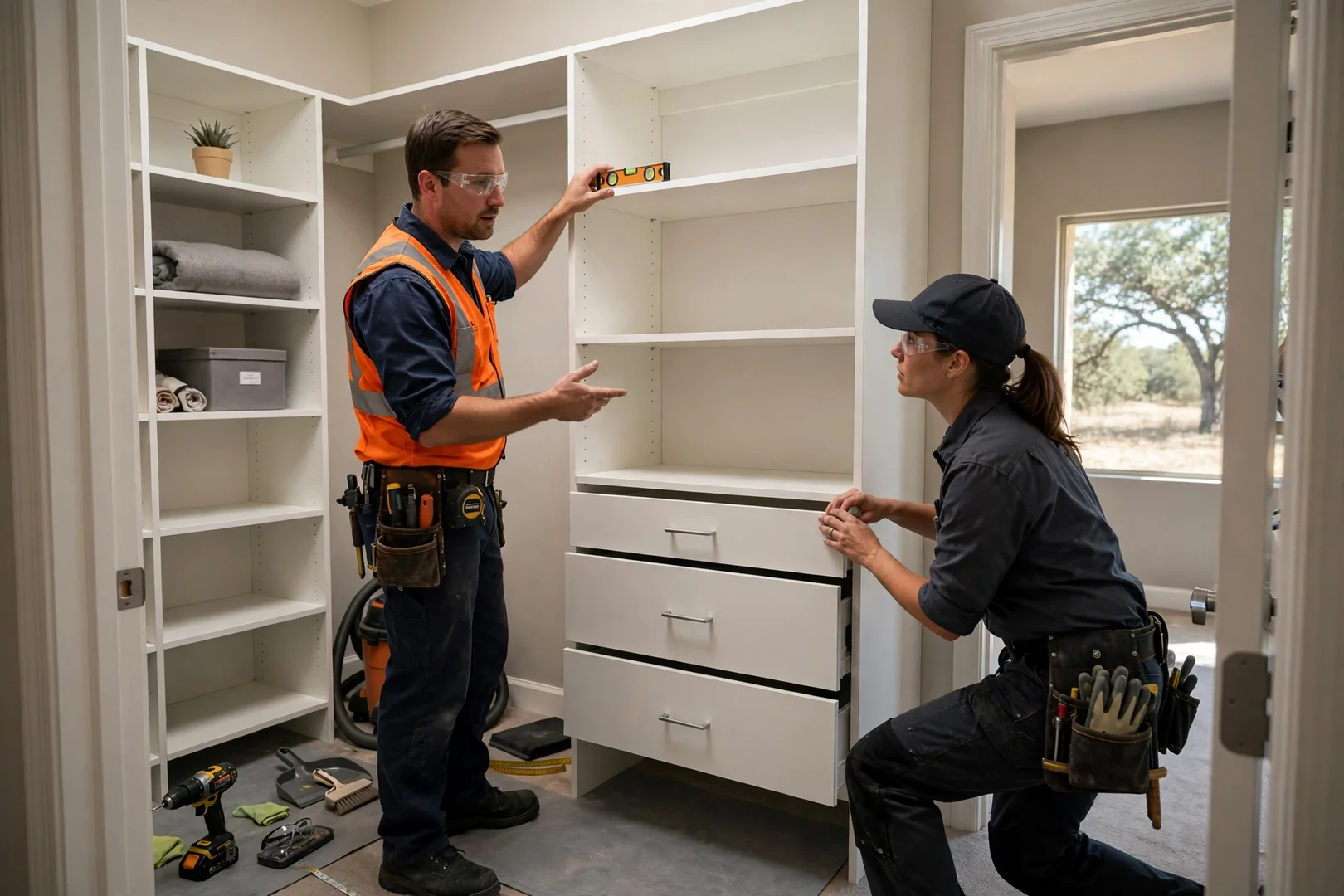 Completed custom closet system with drawer stack and white melamine shelving