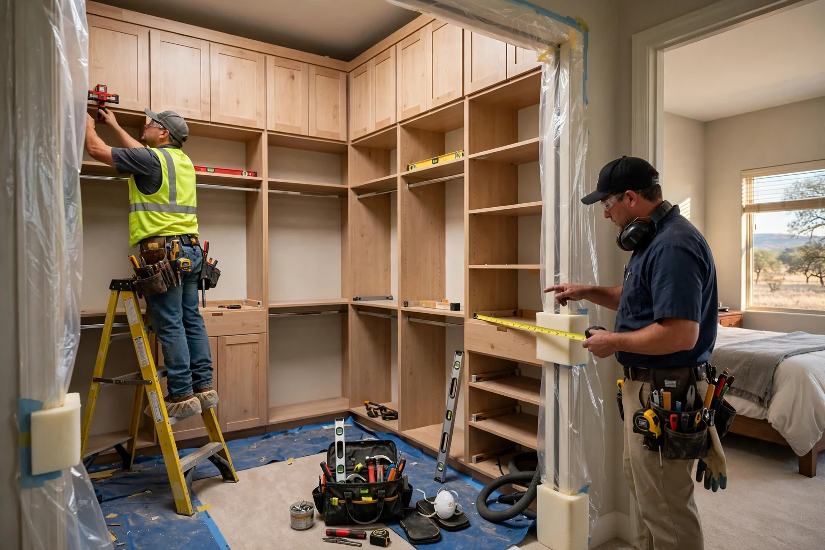 Wide view of a primary bedroom walk-in closet with floor-to-ceiling storage