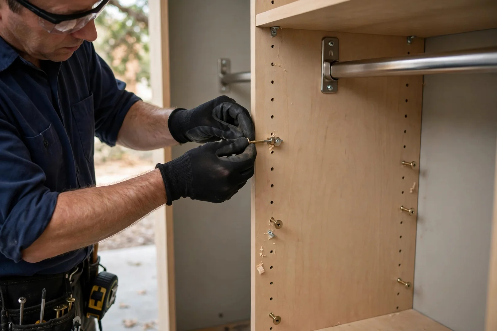 Close-up of adjustable shelf pins and hanging rod brackets in a closet
