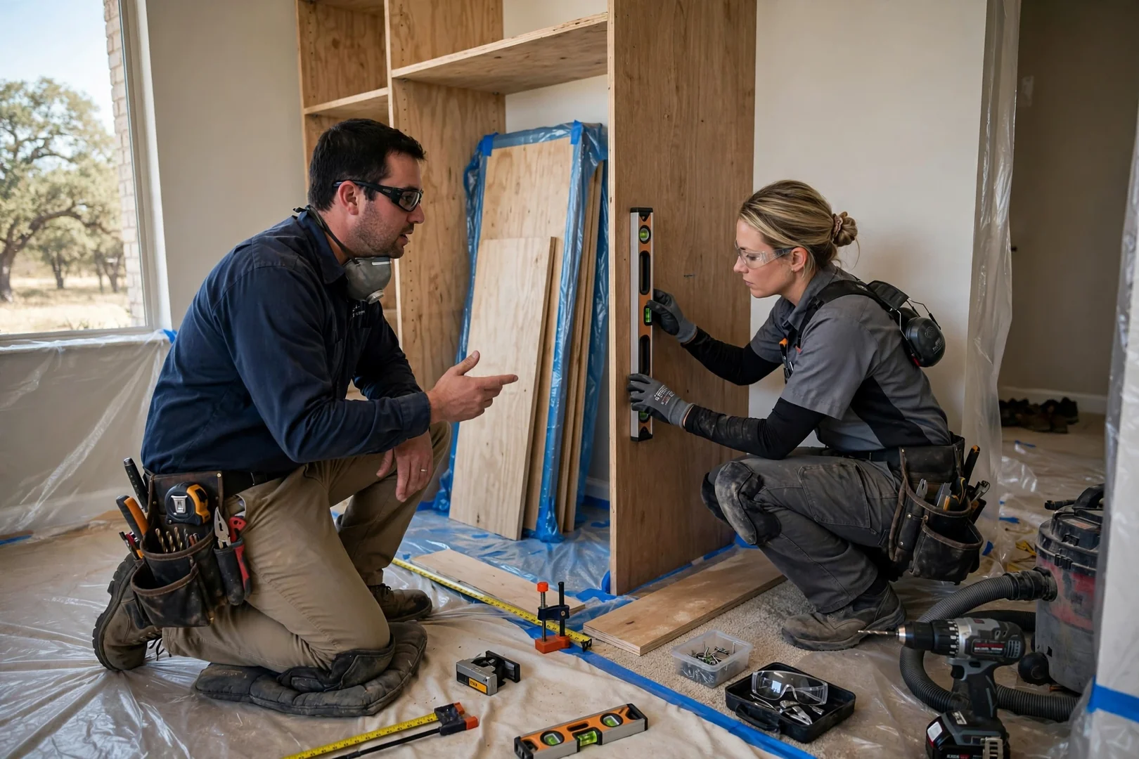 Technician anchoring a wall-mounted custom closet system to studs in a Seguin home