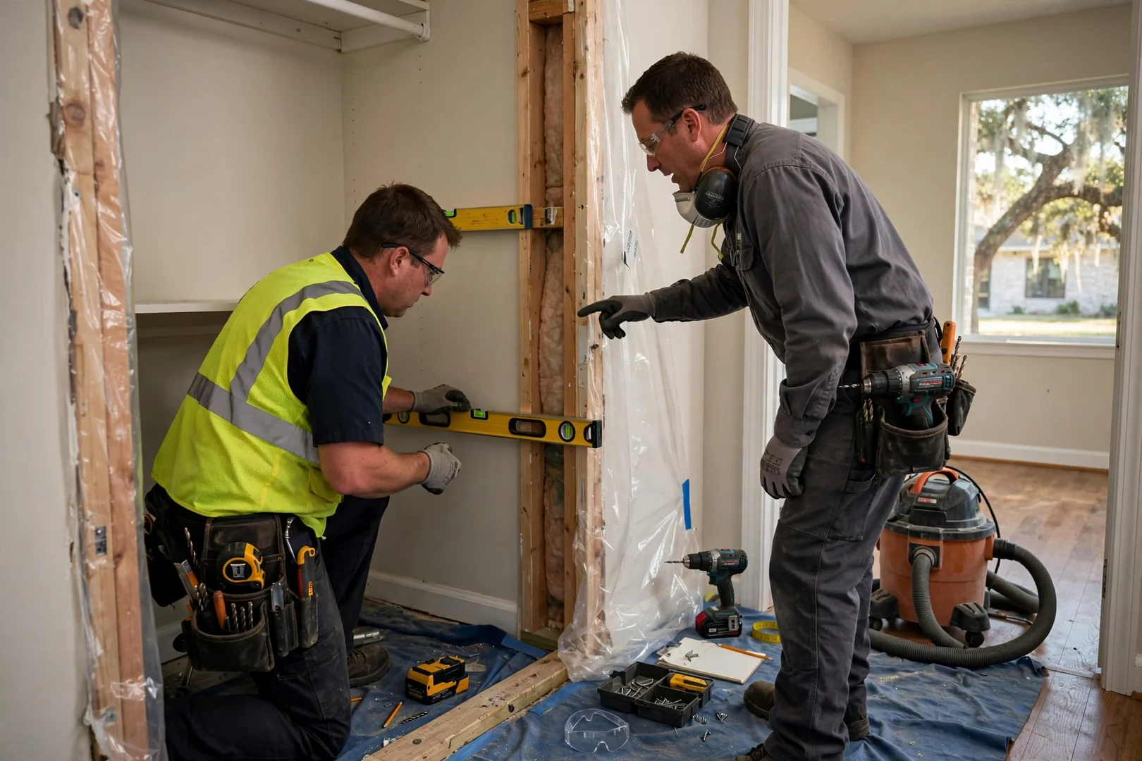 Technician installing shelving in a walk-in closet system at a Seguin home