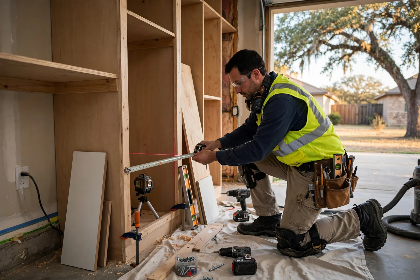 Technician checking shelf brackets on a finished custom closet system in a Seguin home