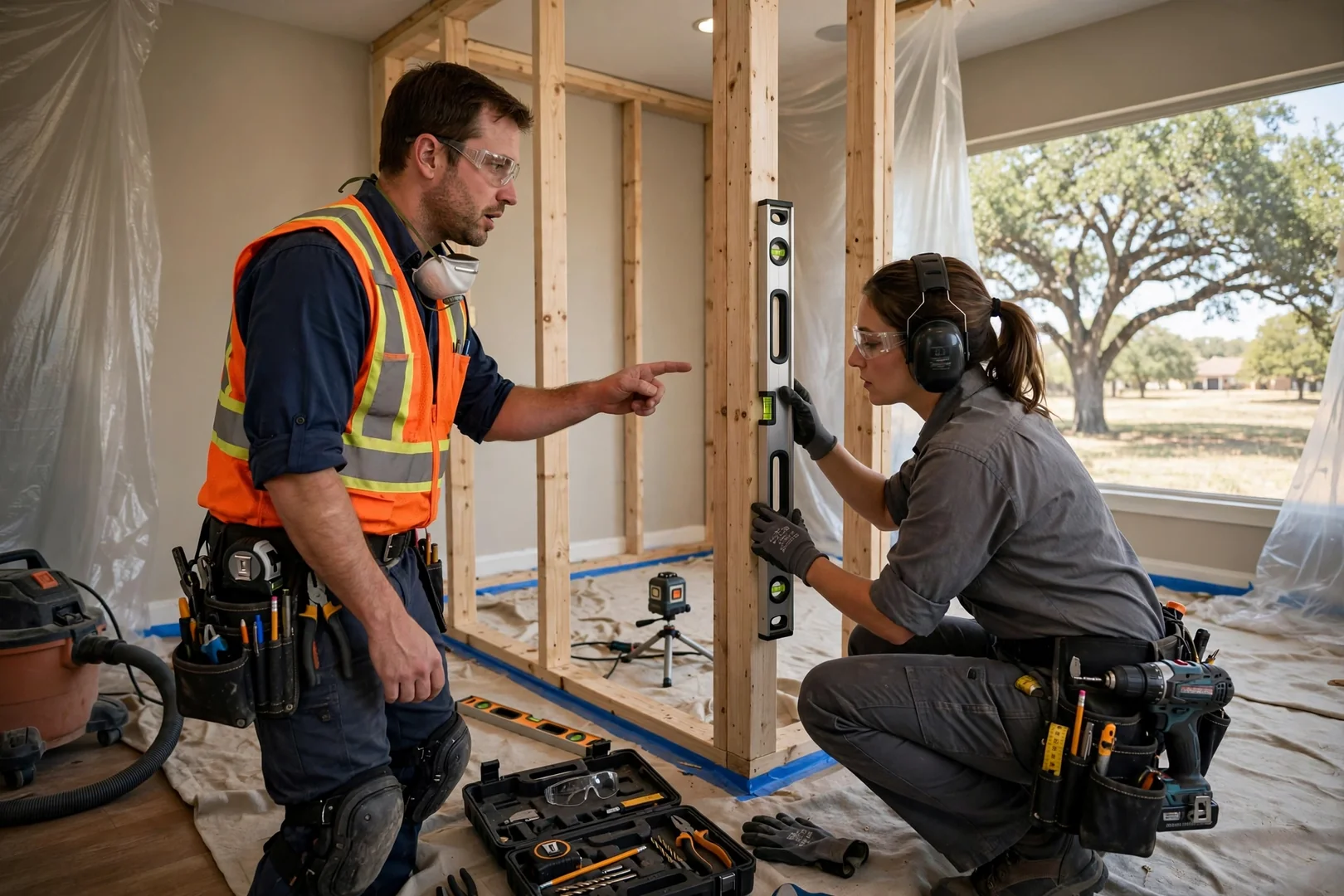 Installer measuring a reach-in closet wall before mounting a closet organizer system