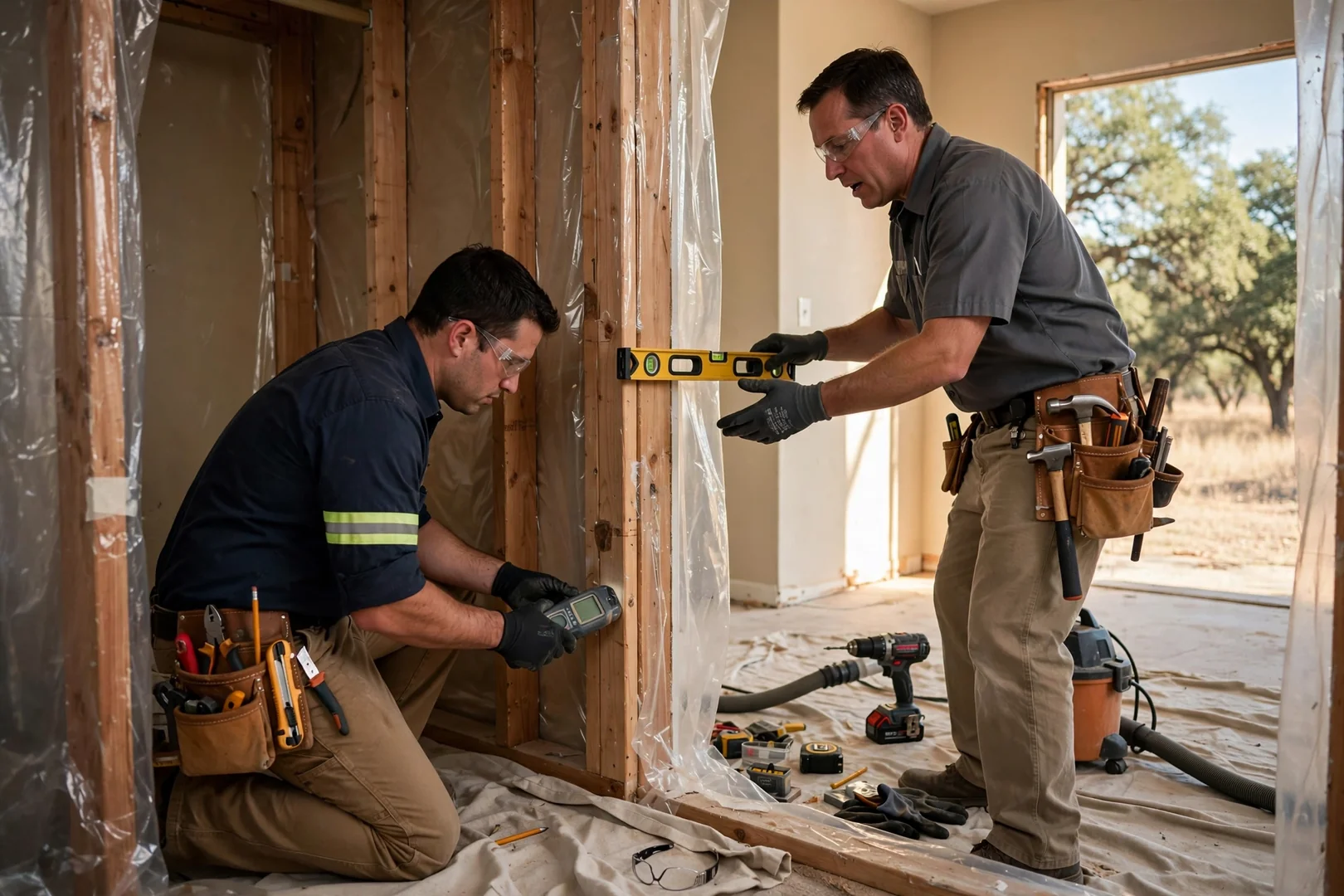 Installer anchoring a custom closet shelving unit to wall studs in a Seguin home