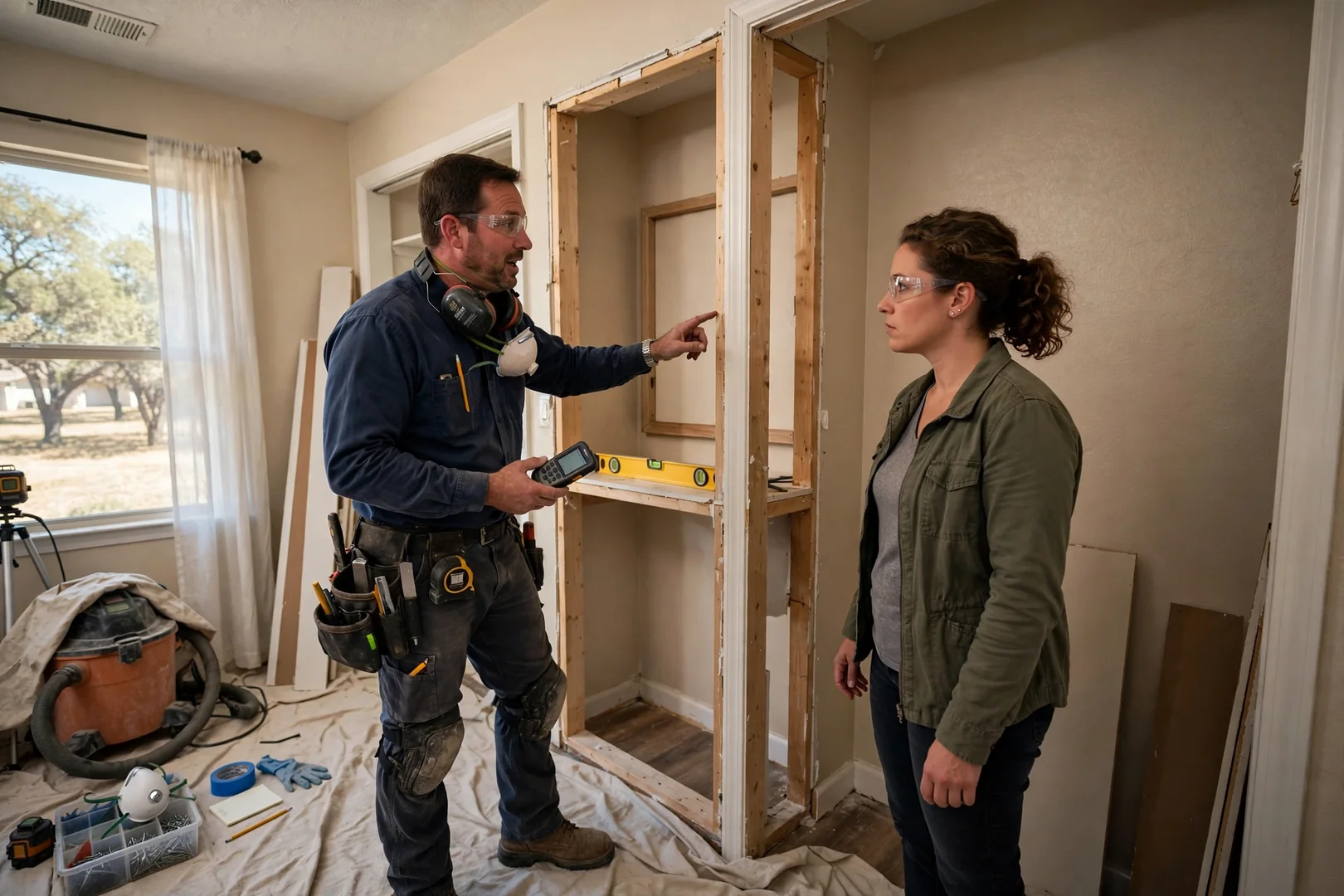 Sagging wire closet shelving pulling away from drywall in a Seguin home
