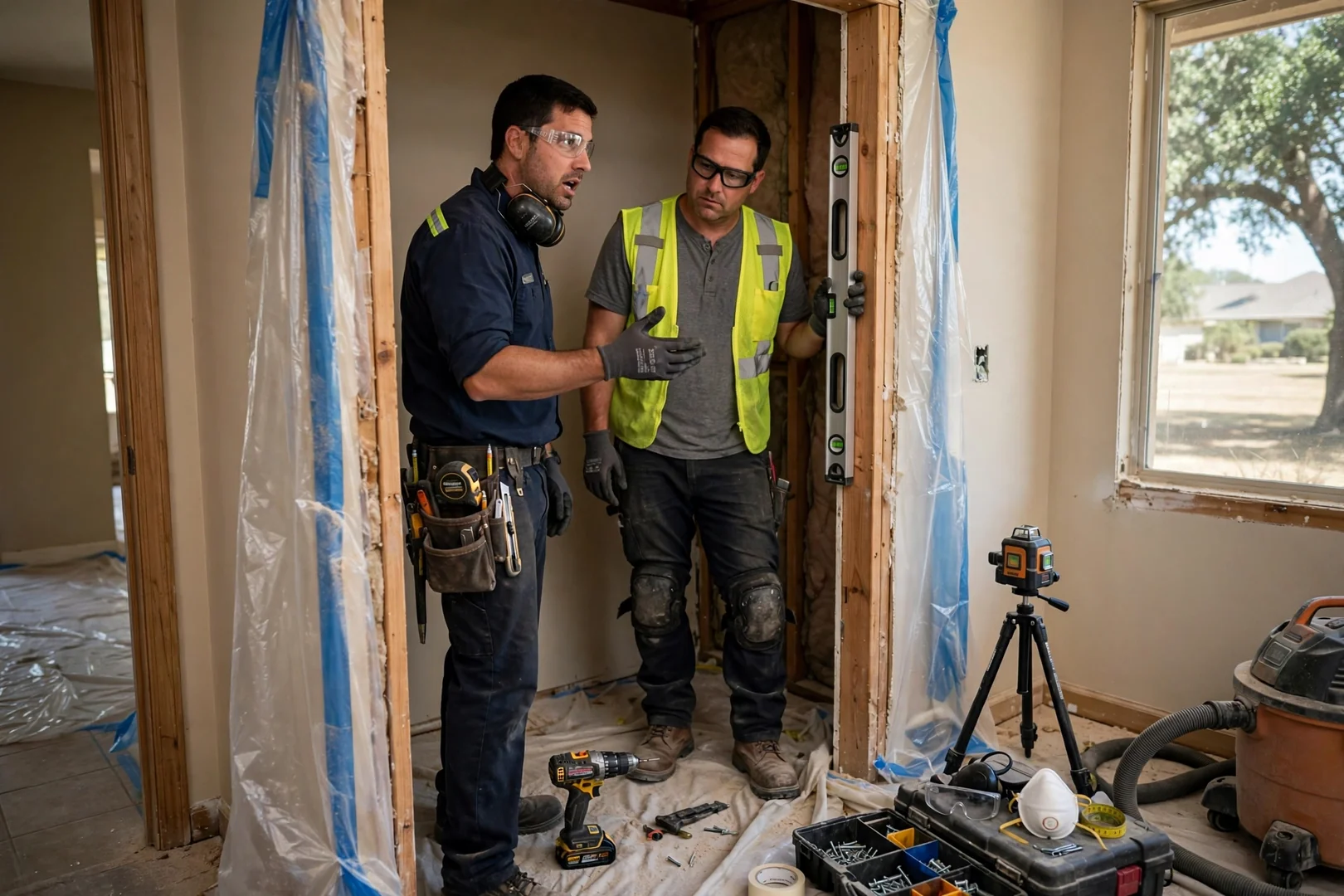 Technician measuring closet walls with a laser measure before a custom closet installation in Seguin
