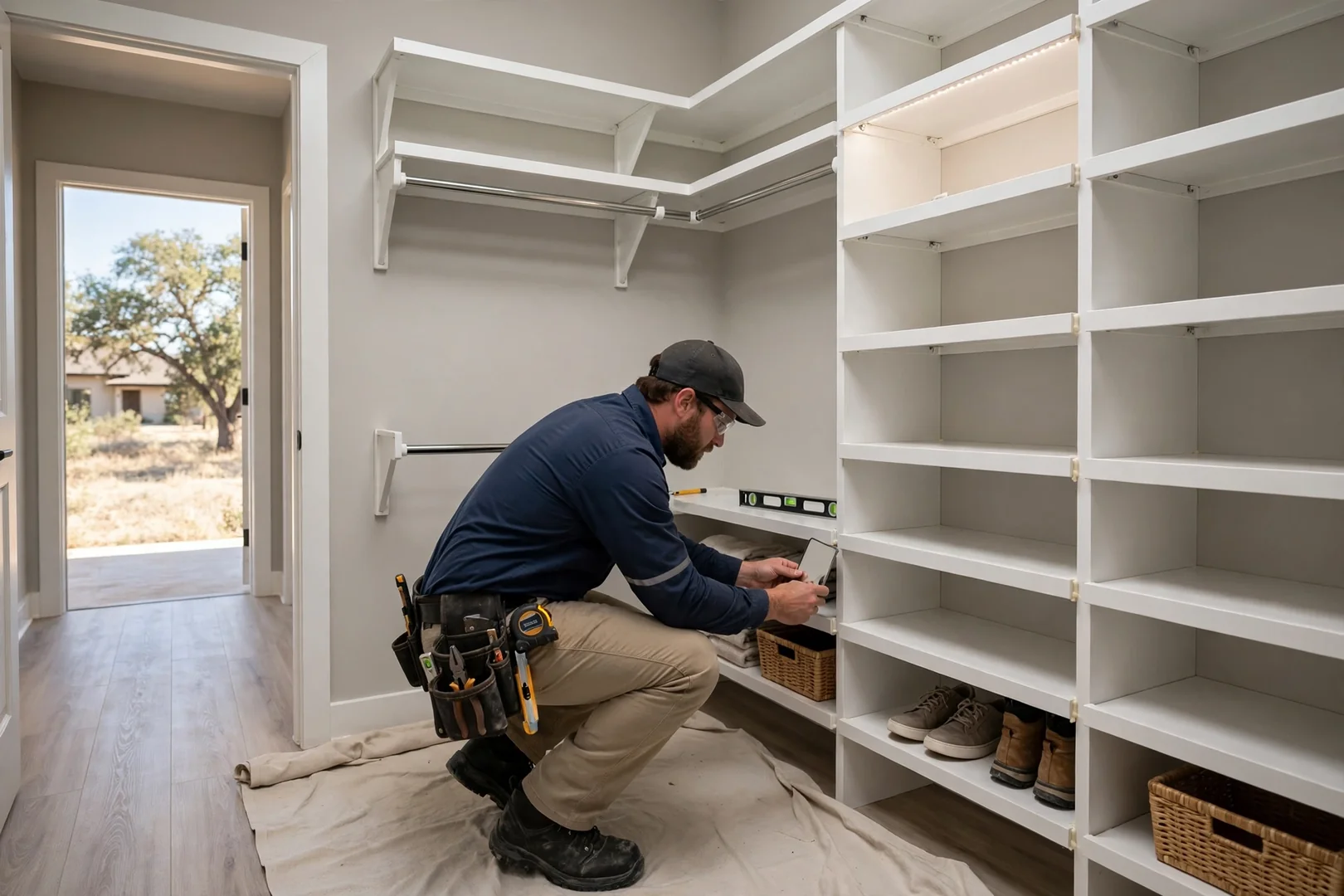 Finished walk-in custom closet with white shelving and double-hang rods in a Seguin home