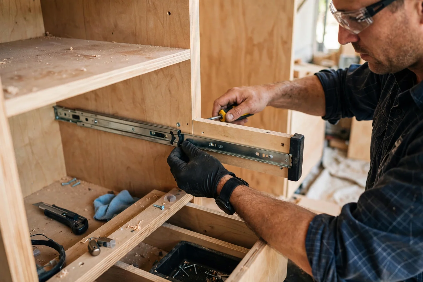 Empty reach-in closet before organizer installation with single wire shelf