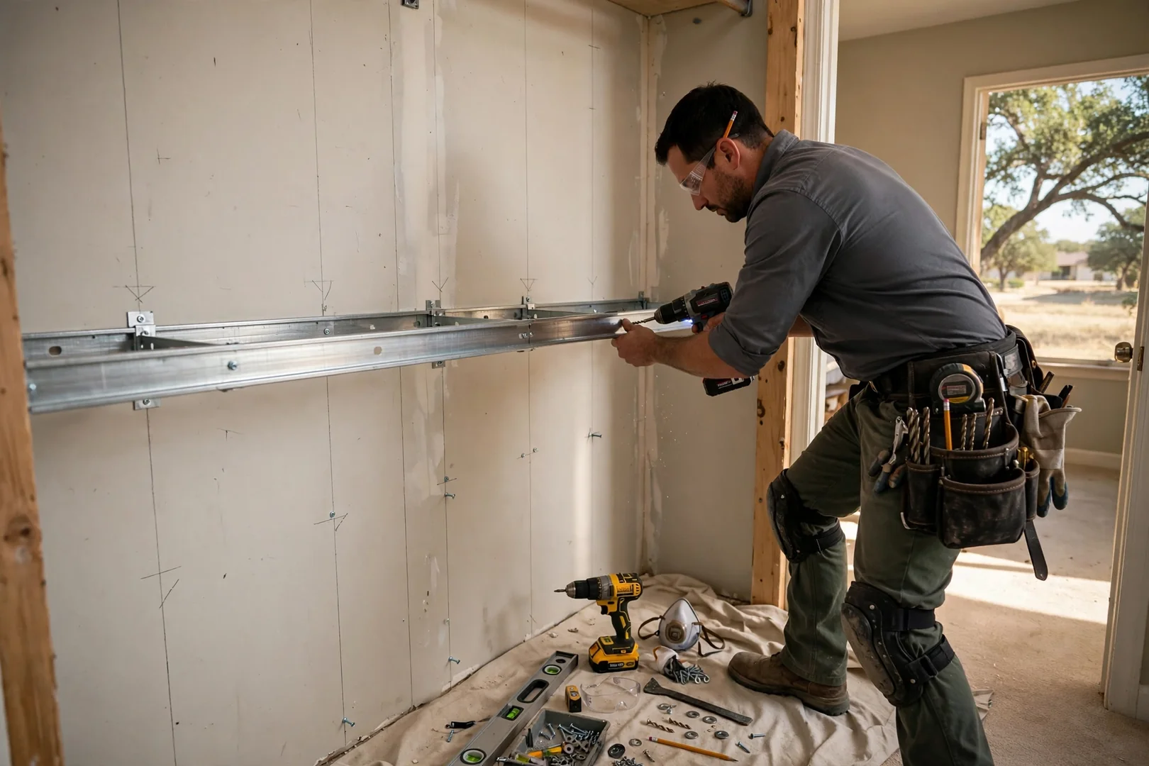 Technician hands leveling a closet cabinet tower with a spirit level