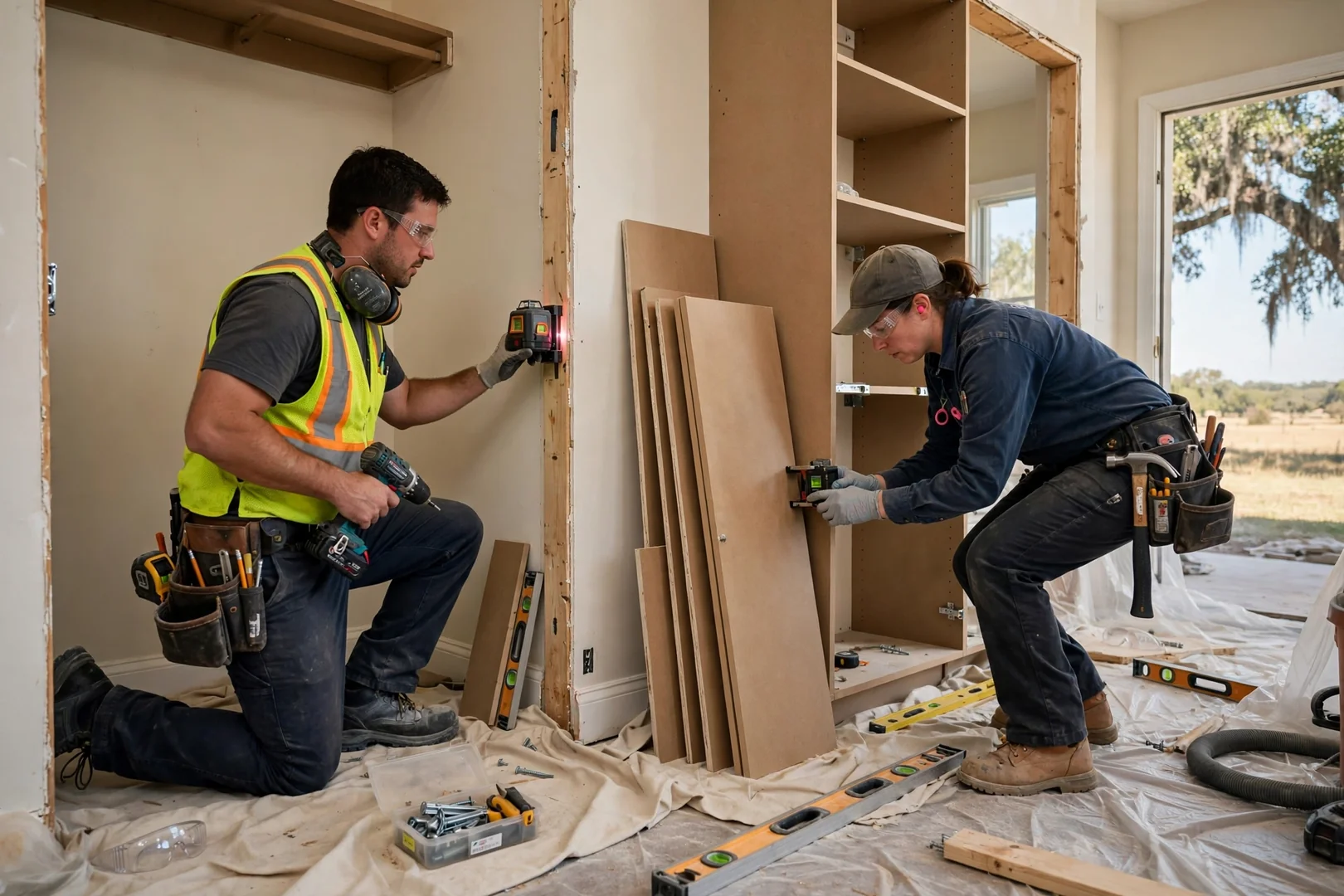 Technician securing a wall-mounted closet system to studs in a Seguin home